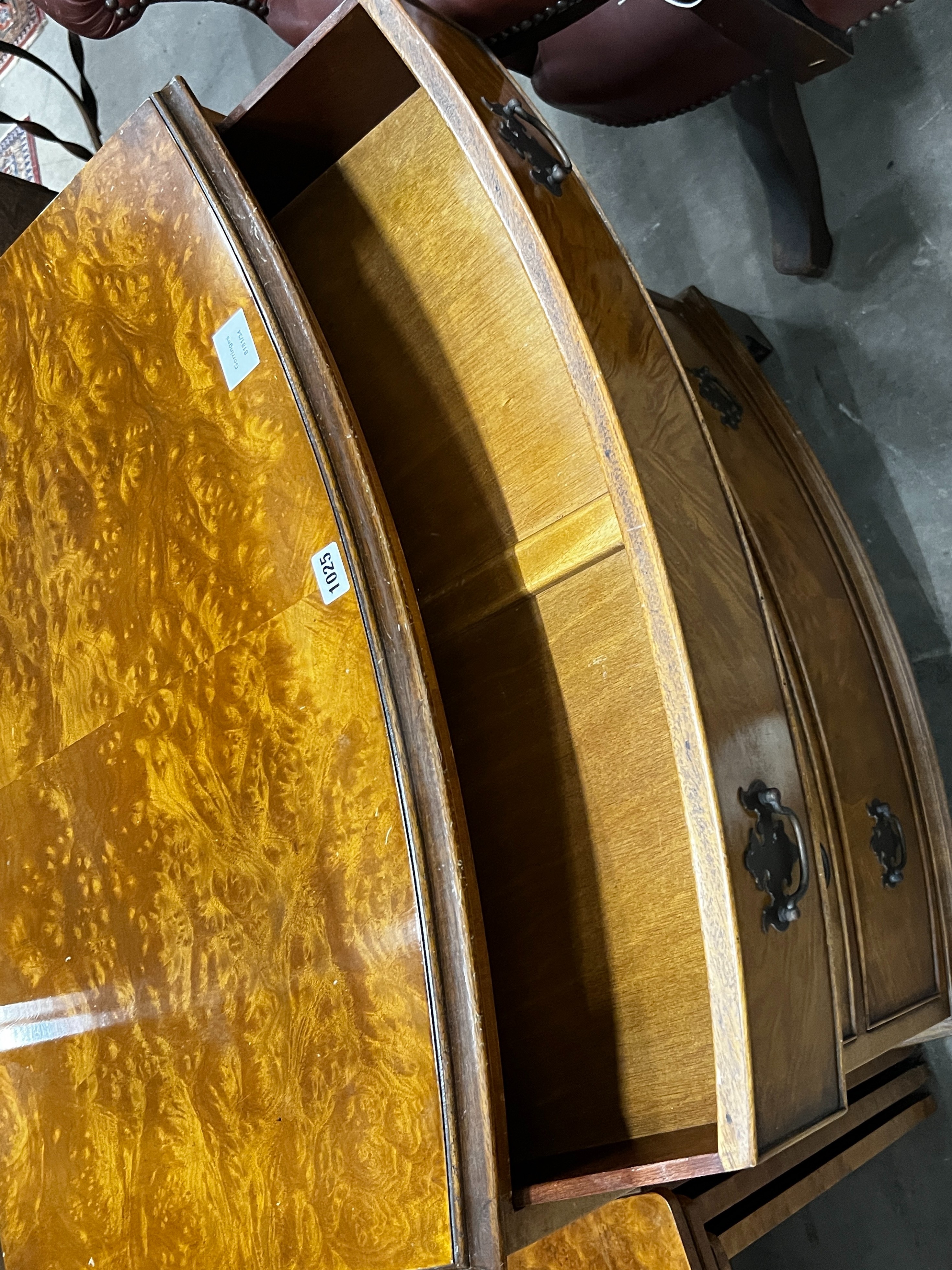 A reproduction George I style walnut bowfront chest, width 78cm, depth 52cm, height 84cm